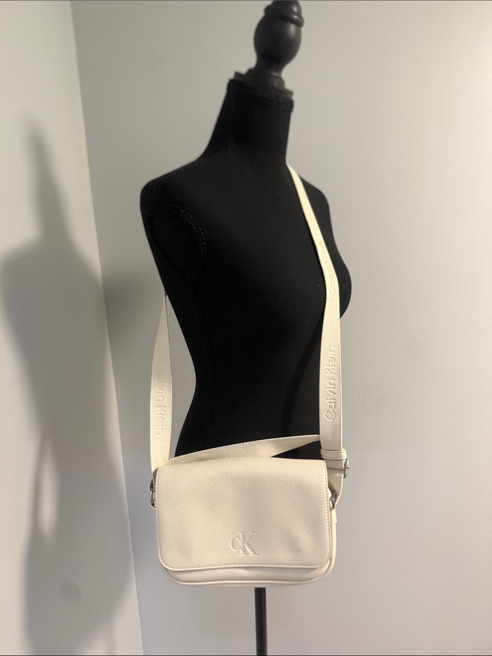 Calvin Klein Cream Crossbody Camera Bag with Branded Strap